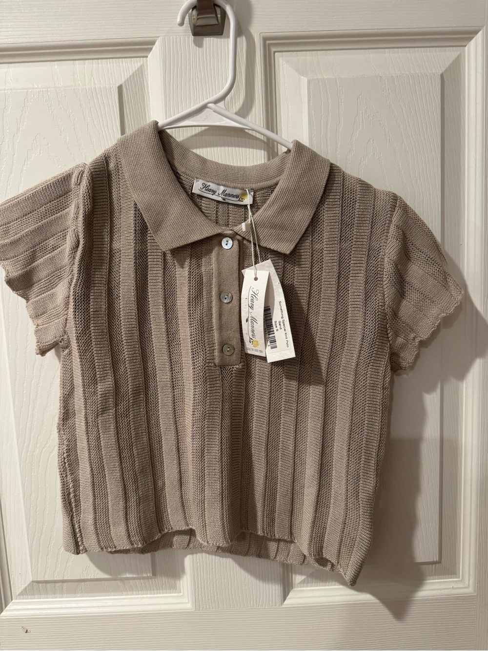 Heavy Manners Taupe Ribbed Knit Polo Crop Top